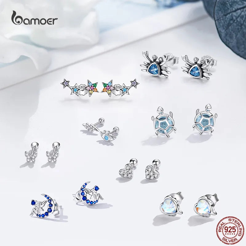 Bamoer Real 925 Sterling Silver Butterfly Animal Flower Ear Studs for Women Exquisite Party Earrings for Girl Original Design