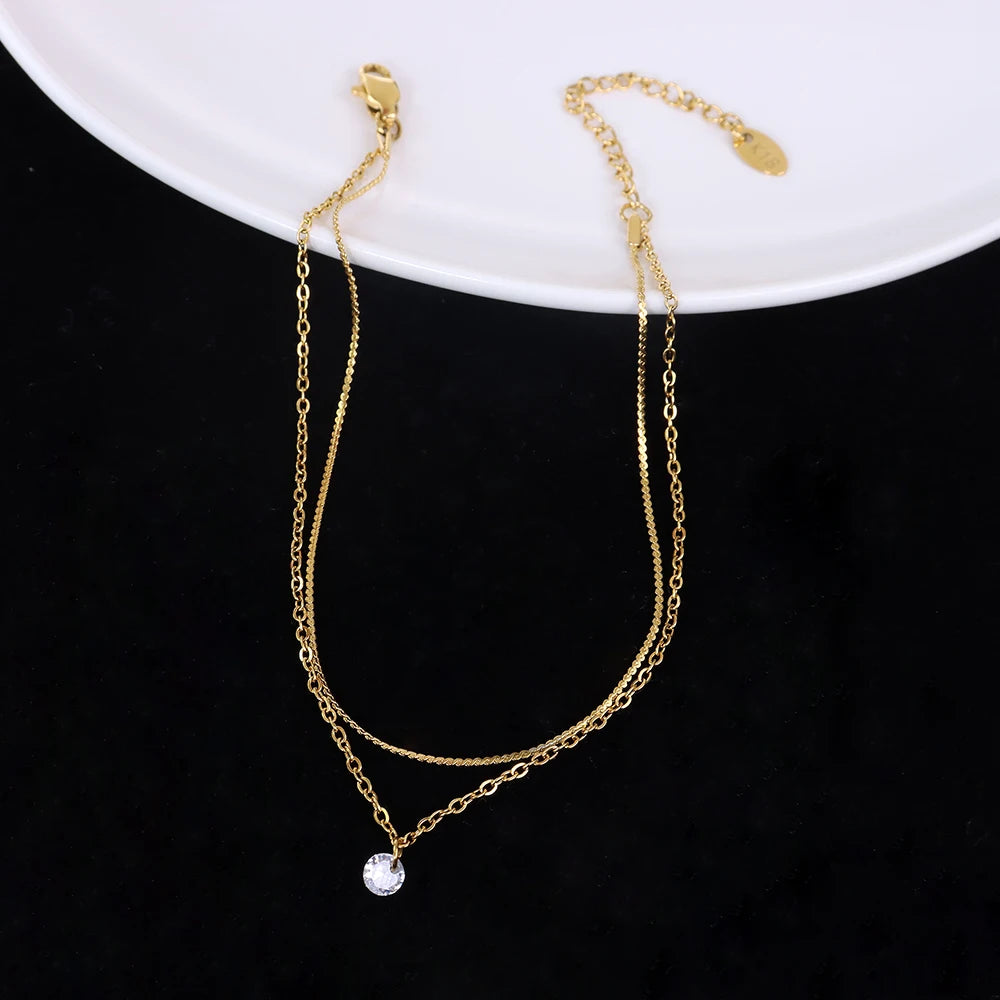 Stainless Steel Zircon Anklet Chain Double Layered Gold Plated Anklets for Women Trendy Foot Jewelry Girls Bracelet On the Leg