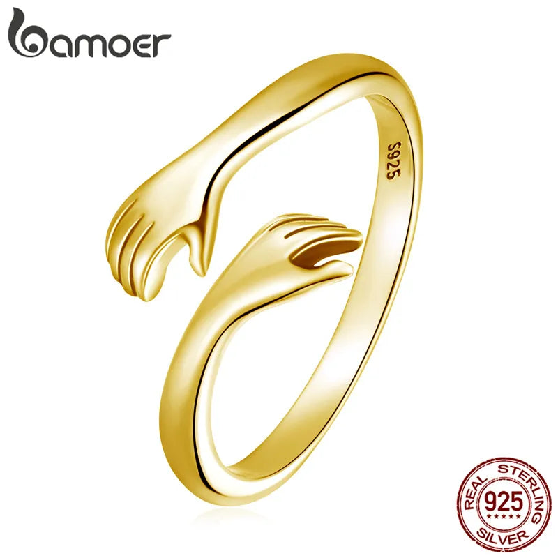 Bamoer 925 Sterling Silver Embrace Ring Hug Warmth and Love Women 18 K Metal Texture Gold Adjustable Ring