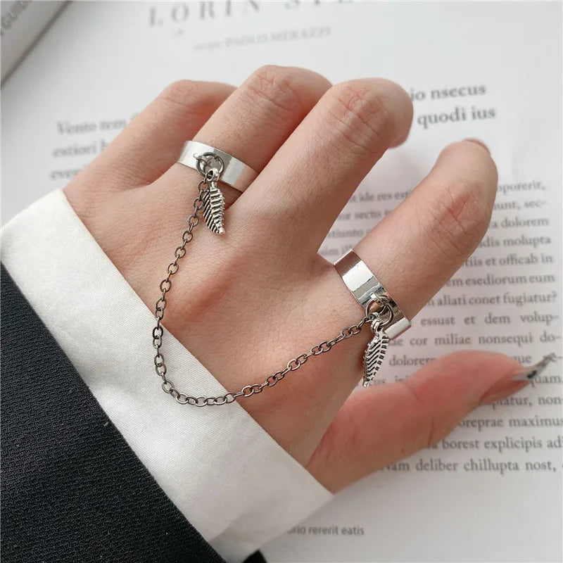 Punk Geometric Silver Color Chain Wrist Bracelet For Women Men Ring Charm Set Couple Emo Fashion Jewelry Gifts Pulsera Mujer