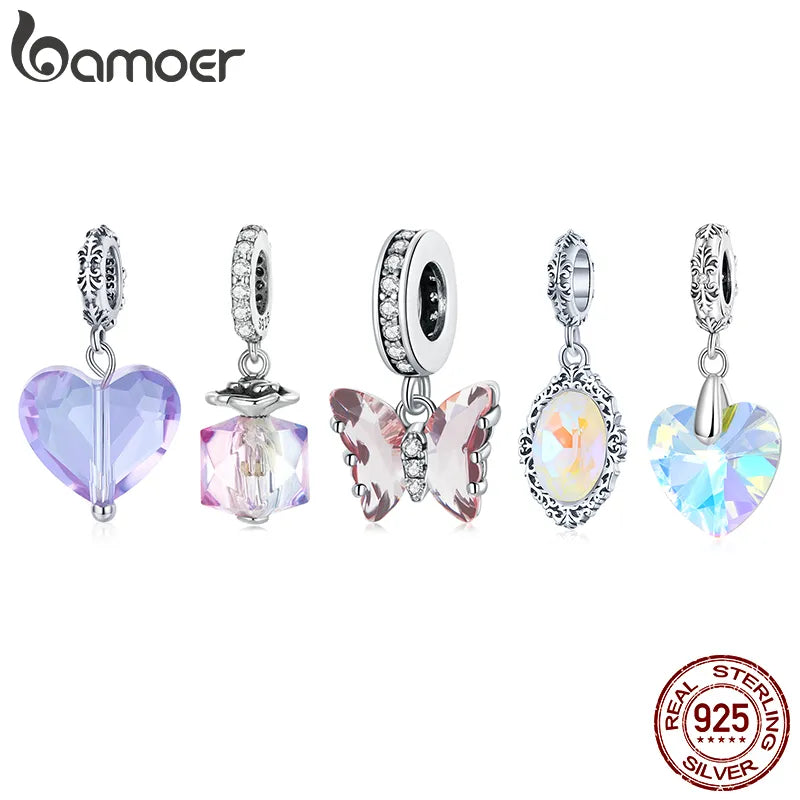 bamoer Silver Simple Purple Heart Charm Crystal Fairy Tale Love 925 Sterling Silver Charm Pendant for Bracelet Jewelry SCC1816