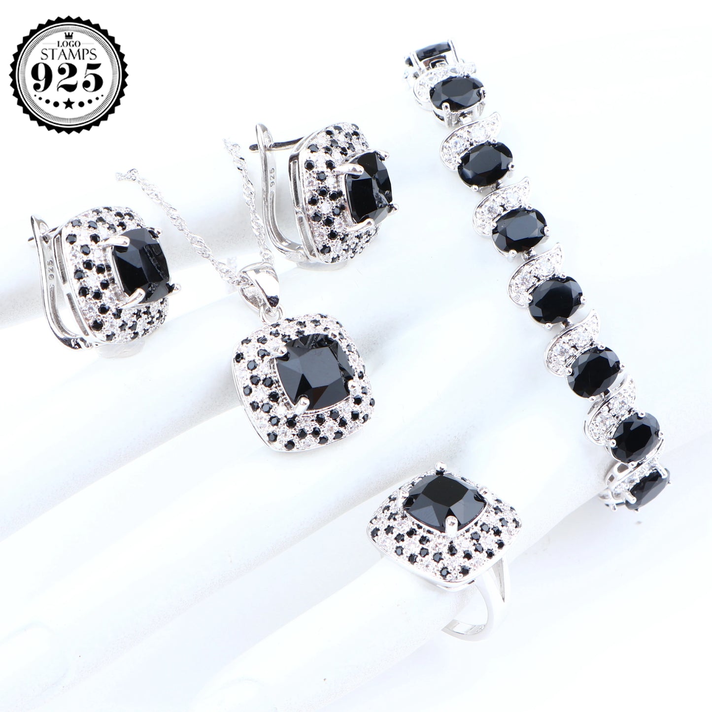 Wedding Silver 925 Jewelry Sets For Women Black Zirconia Earrings Bracelets Ring Costume Jewelry Pendant Necklace Set Gift Box