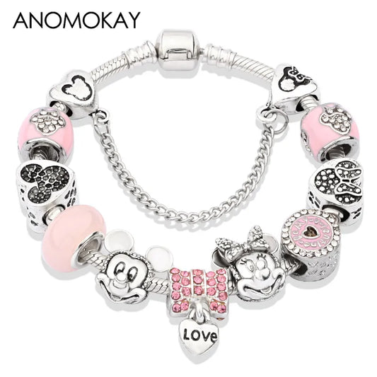 2023 Cute Pink Crystal Mickey Minnie Charm Disney Bracelet Silver Color Heart Bead Bracelet for Women Girl Fashion Jewelry Gift