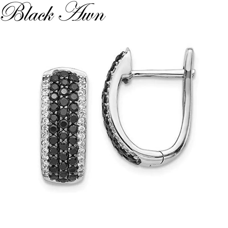 Black Awn 2022 New Classic Silver Round Black Trendy Spinel Engagement Hoop Earrings for Women Fine Jewelry Bijoux I200