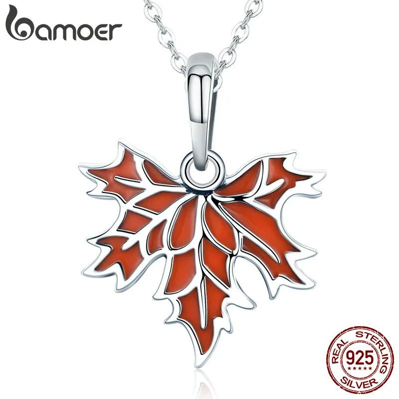 BAMOER 100% 925 Sterling Silver Autumn Maple Tree Leaves Pendant Necklace for Women Luxury Sterling Silver Jewelry Gift CC585