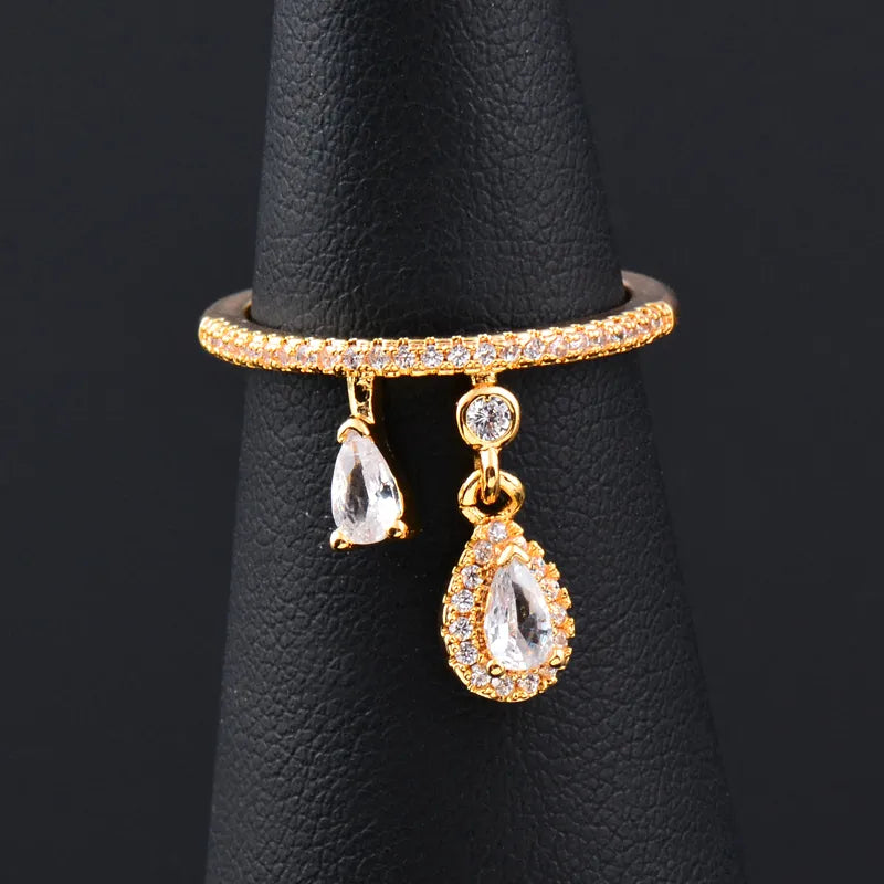 KIOOZOL shiny teardrop crystal pendant women's ring rose gold silver color rings кольца fashion jewelry KO5