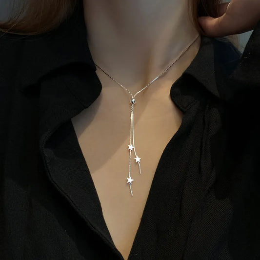 New S925 Sterling Silver Simple Pull-out Choker Women Necklace Glossy stars Pendants Chain For Girl Wedding Gift Fine Jewelry