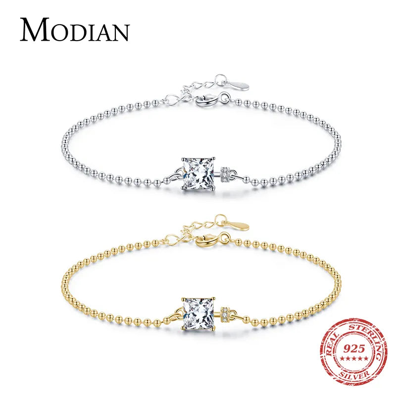 Modian Classic Square Clear CZ Bracelets Solid 925 Sterling Silver Charm Beads Chain Bracelet For Women Wedding Fine Jewelry