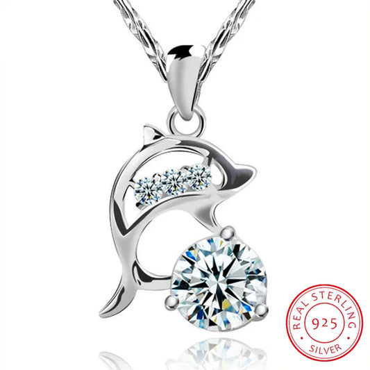 925 Silver Wedding Jewelry AA Cubic Zirconia Dolphin Pendant Love Necklace For Women Gift 45cm Chain choker collares kolye S-N77
