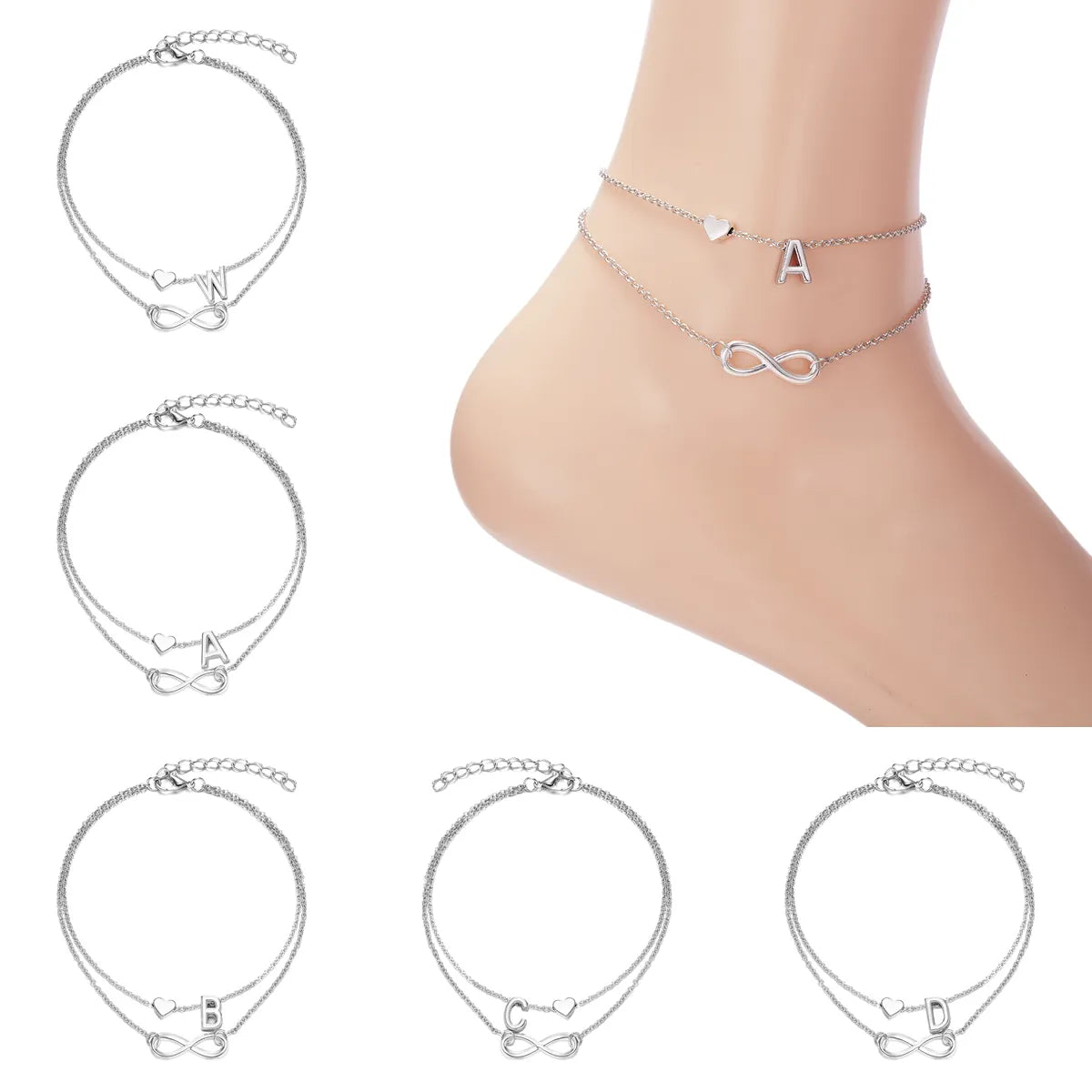 Summer New A-Z Letter Initial Anklets For Women Silver Color Heart Anklet Bracelet Leg Chain Fashion Beach Party Foot Jewelry