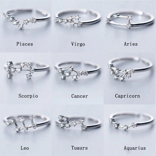 12 Constellation Rings For Women Cubic Zircon Adjustable Zodiac Ring Virgo Cancer Libra Leo Pisces Silver Color Jewelry Gifts