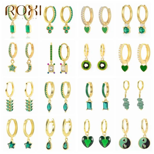 ROXI Ins Hot Green Element Drop Hoop Earrings for Women 2021 925 Sterling Silver Crystal Earing Enamel Dangle Earrings Jewelry