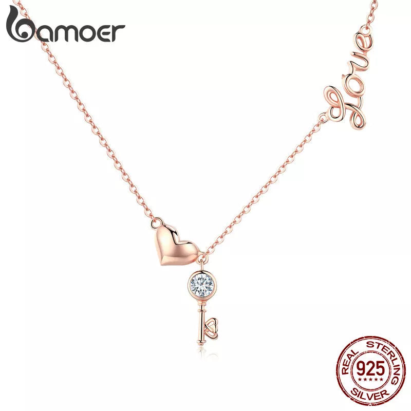 BAMOER Romantic 925 Sterling Silver Key Lock to Heart Pendant Necklaces Women Gold Color Necklace Sterling Silver Jewelry SCN292