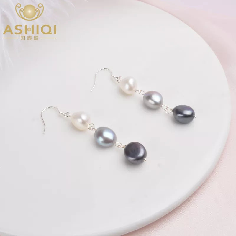 ASHIQI Natural Baroque Pearl 925 Sterling Silver Long Earrings For Women Black freshwater pearl Handmade drop earring Party Gift