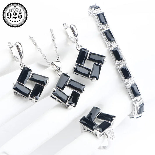 Women 925 Sterling Silver Jewelry Sets Earrings Balck Zircon Wedding Jewelry Stones Bracelet Ring Pendant Necklace Set Gifts Box