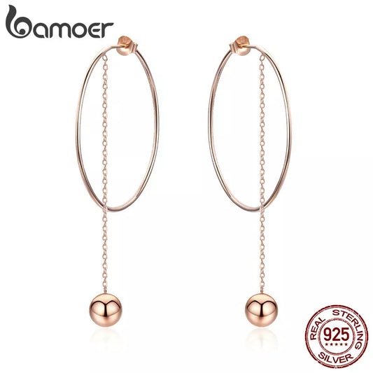 BAMOER Popular 100% 925 Sterling Silver Big Circle Round Long Chain Drop Earrings for Women Rock Style Earrings Jewelry SCE569