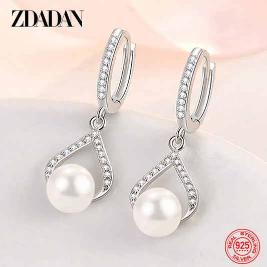 ZDADAN 925 Sterling Silver Pearl Drop Shape CZ Dangle Earrings For Women Fashion Wedding Jewelry Party Gift Wholesale