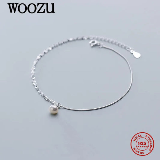 WOOZU Real 925 Sterling Silver Minimalism Small Pearl Chain Anklet For Women Party Girl Foot Leg Summer Beach Fine Jewelry Gift