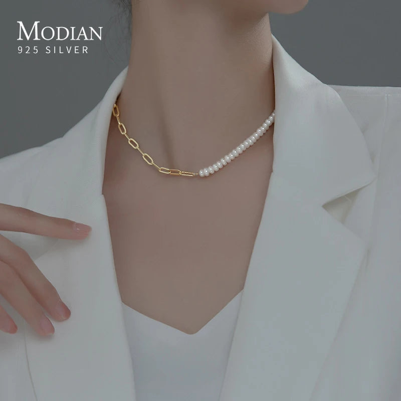 MODIAN Real 925 Sterling Silver Asymmetry Natural Pearl Necklace Fashion Gold Plated Chain Necklaces For Women Jewelry Collar