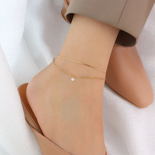 Stainless Steel Zircon Anklet Chain Double Layered Gold Plated Anklets for Women Trendy Foot Jewelry Girls Bracelet On the Leg