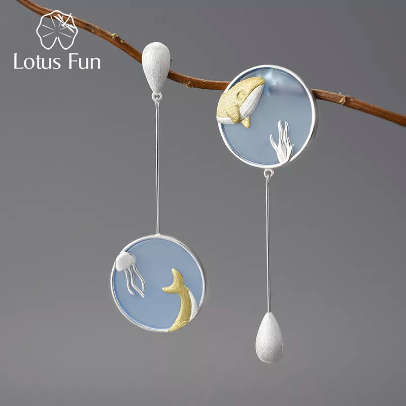 Lotus Fun Agate Exclusive Gemstone Underwater World Whale Asymmetrical Long Drop Earrings for Women 925 Sterling Silver Jewelry