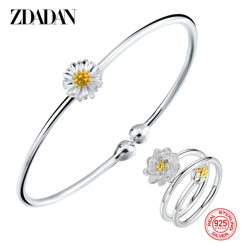 ZDADAN 925 Silver Lotus Open Cuff Bracelets Bangle Ring Set For Women Fashion Jewelry