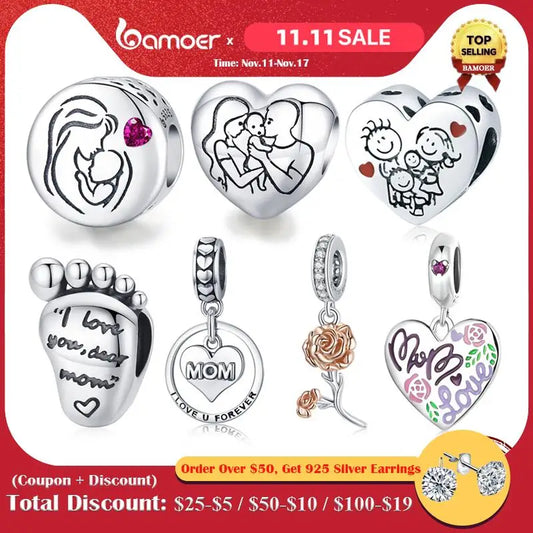 bamoer 925 Sterling Silver Family Maternal Love Charm Baby Feet Bead Mom Heart Pendant for Original Bracelet Bangle DIY Jewelry