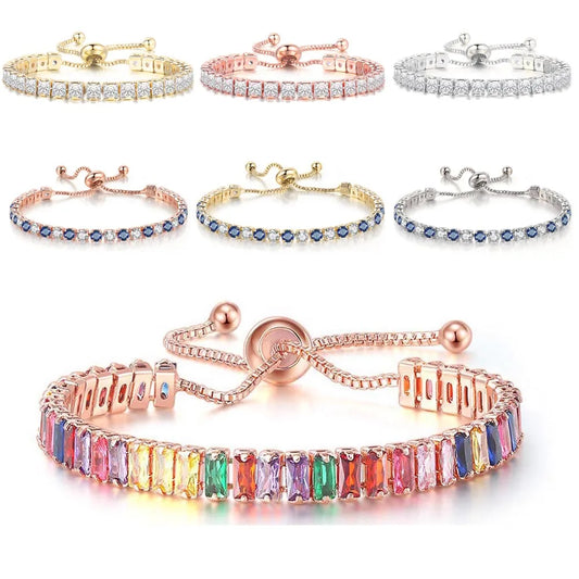 Fashion Luxury Cute Multicolor Cubic Zirconia Crystal Tennis Bracelets For Women Adjustable Handmade Lced Out Chain Jewelry Gift