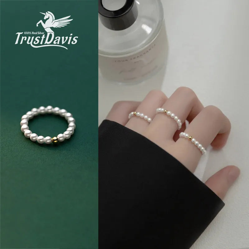 Trustdavis Original 925 Sterling Silver Synthesis Pearl Gold Beads Finger Ring For Women Wedding Fine 925 Silver Jewelry DA2808