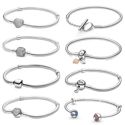 Hot Women Bracelet 925 Sterling Silver Heart Snake Chain Bracelet Fit Original Pendant Safety Chain Charm Bead Women Jewelry