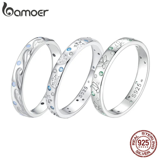 Bamoer 925 Sterling Silver Season Series Sea Wave Finger Ring Butterfly Ring Leaf Band for Women Birthday Gift Fine Jewelry