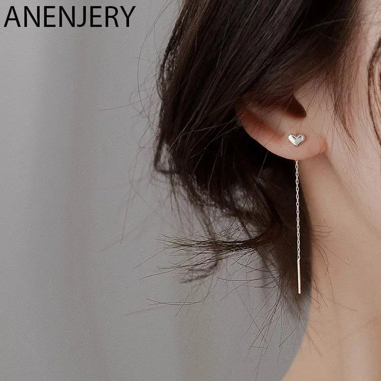 ANENJERY Silver Color Heart Earrings for Women Long Tassel Dangle Earrings Dainty Party Jewelry Wholesale