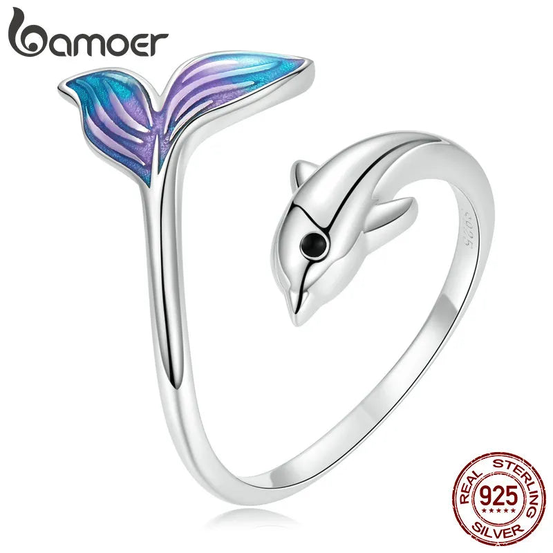 Bamoer Authentic 925 Sterling Silver Dolphin Ring for Women Fine Jewelry Colored Cute Tail Ring Kids Beach Party Gift BSR270