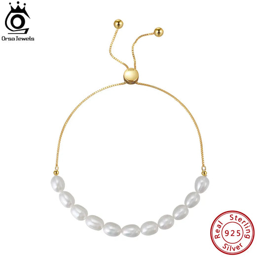 ORSA JEWELS Pearl Bracelet for Women 14 Gold Plated Sterling Silver Adjustable Dainty Chain Bracelet for Women Jewelry GPB13