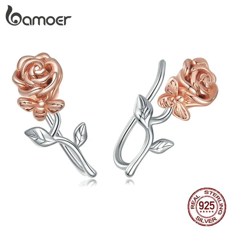 Bamoer Genuine 925 Sterling Silver 3D Rose Stud Earrings Fine Making Jewelry Wedding Party Gift Flower Piercing Earrings BSE682