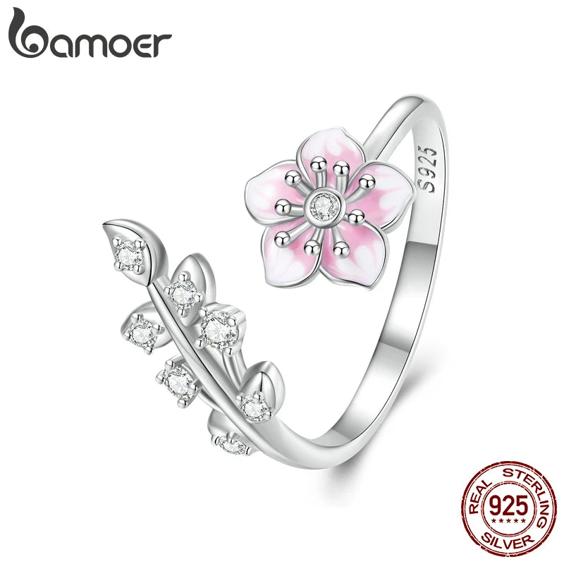 Bamoer 925 Sterling Silver Pink Cherry Blossom Opening Ring Enamel Flower Adjustable Ring for Women Pave Setting CZ Fine Jewelry