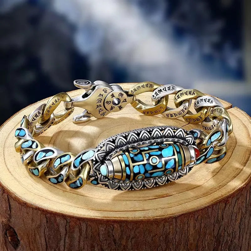 S925 Silver High-end Six-character Mantra Ring Retro Men's  Fashion Personality Chinese Style Bracelets Holiday Gifts