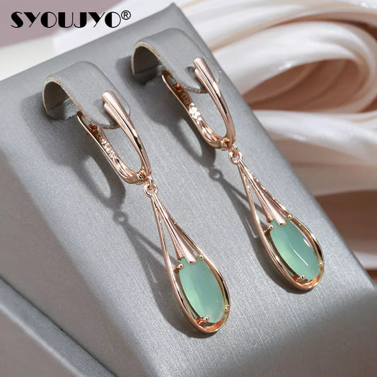 SYOUJYO Emerald Long Drop Natural Zircon Dangle Earrings For Women 585 Rose Gold Color Vintage Fine Jewelry Luxury Daily Earring